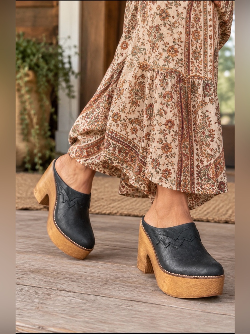Free People Black Leather Platform Clog Mules with Wood Heel Wooden Boho Shoes